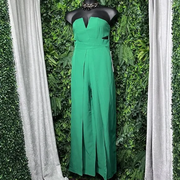 LUXXEL Jumpsuit Women Large Green Pants Pleated Strapless Split Leg Cut Out 2345 - Picture 8 of 10